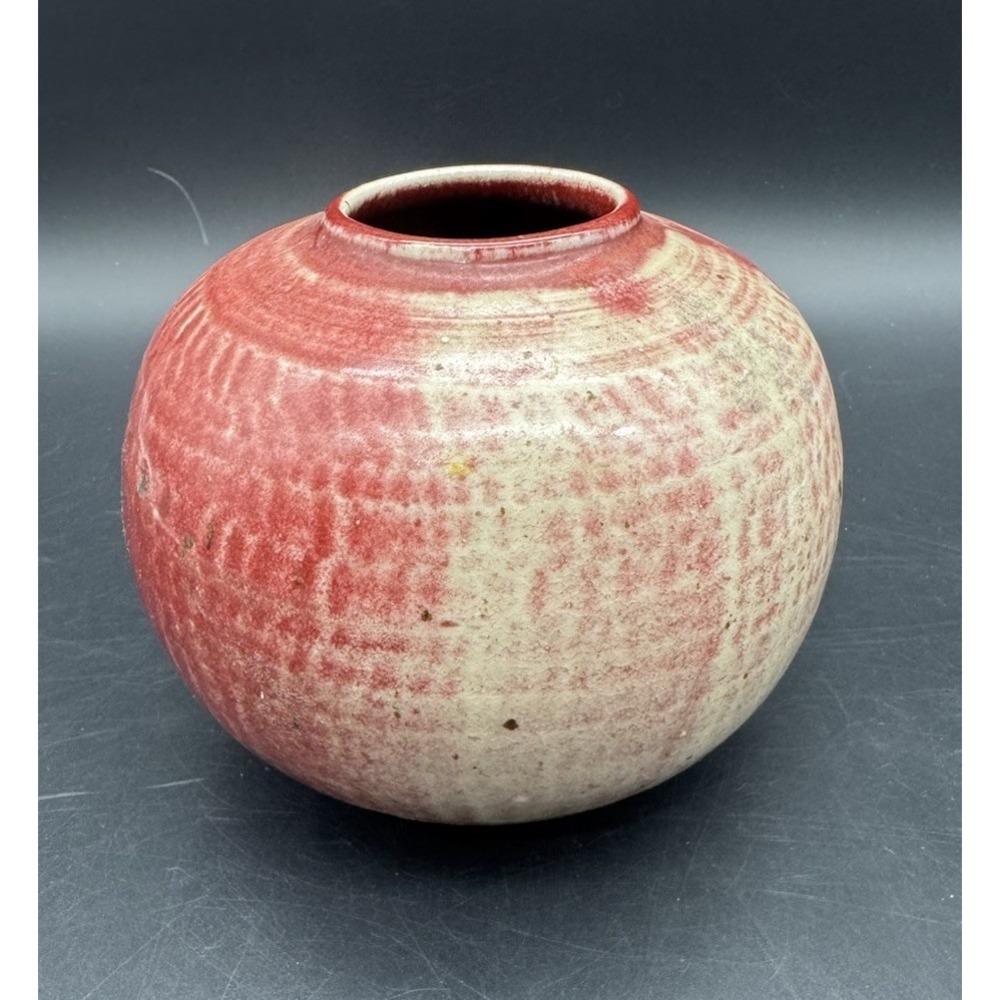 Lorene Spencer Studio Pottery Vase 1977 Signed Red Cream Speckled Art Pottery
